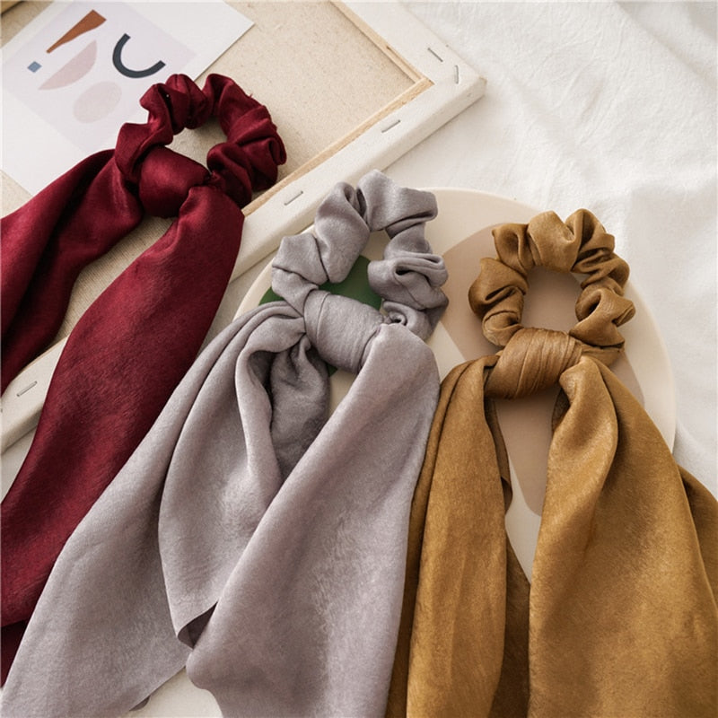 1Pc Solid Color Bow Satin Ribbon Ponytail Scarf Hair Tie Scrunchies Women Girls Elastic Hair Bands Rubber Bands Hair Accessories