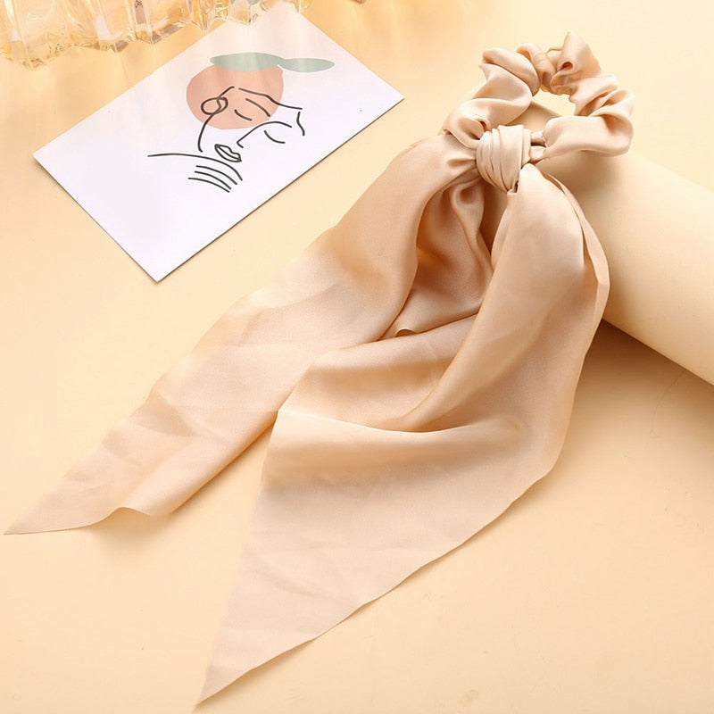 1Pc Solid Color Bow Satin Ribbon Ponytail Scarf Hair Tie Scrunchies Women Girls Elastic Hair Bands Rubber Bands Hair Accessories