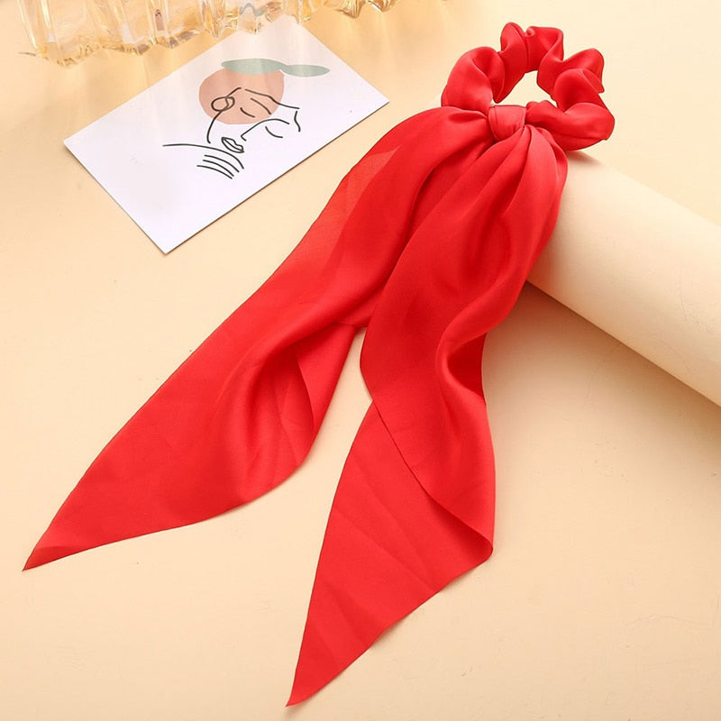 1Pc Solid Color Bow Satin Ribbon Ponytail Scarf Hair Tie Scrunchies Women Girls Elastic Hair Bands Rubber Bands Hair Accessories