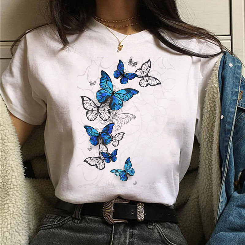 Harajuku Women T Shirt Red and Black Butterfly Print Tshirt Heart T Shirt Female Short Sleeve Tops Tee Fashion Women T-shirts