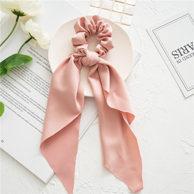 1Pc Solid Color Bow Satin Ribbon Ponytail Scarf Hair Tie Scrunchies Women Girls Elastic Hair Bands Rubber Bands Hair Accessories