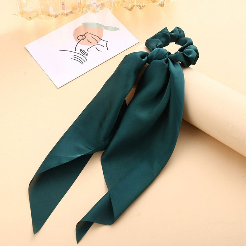 1Pc Solid Color Bow Satin Ribbon Ponytail Scarf Hair Tie Scrunchies Women Girls Elastic Hair Bands Rubber Bands Hair Accessories