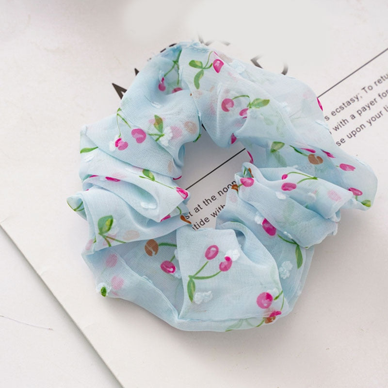 Sweet Embroidery Flowers Mesh Scrunchies Women Romantic Pink Blue Hair Rope Transparent Tulle Organza Hair Ties Hair Accessories