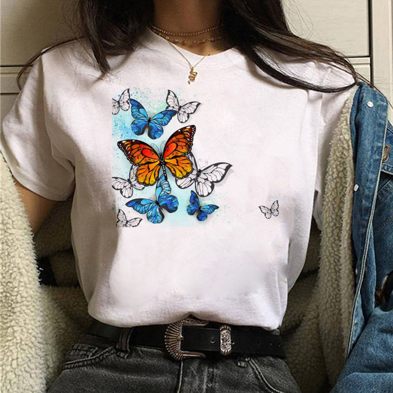 Harajuku Women T Shirt Red and Black Butterfly Print Tshirt Heart T Shirt Female Short Sleeve Tops Tee Fashion Women T-shirts