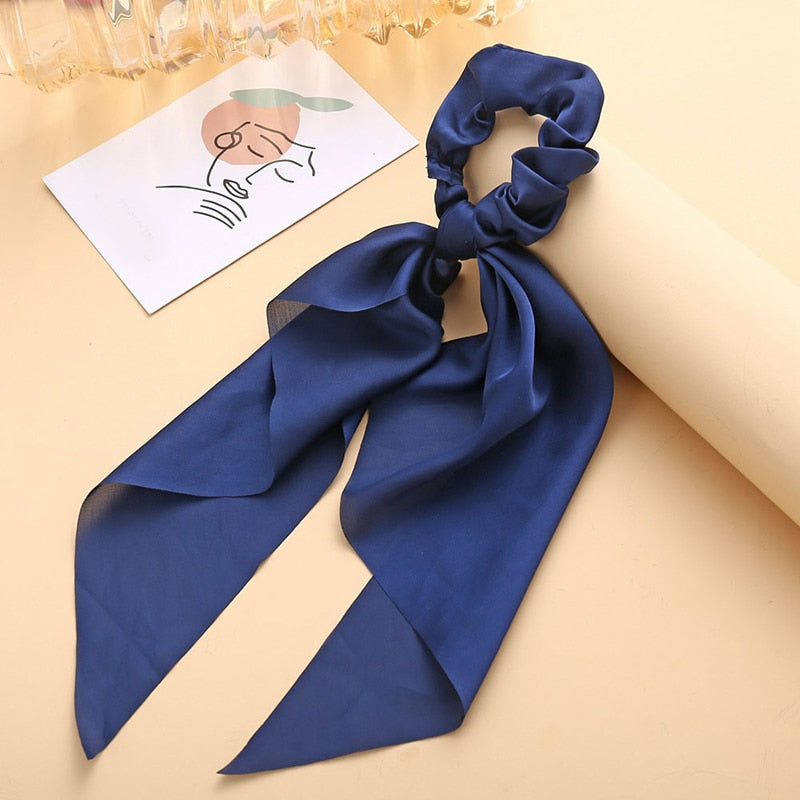 1Pc Solid Color Bow Satin Ribbon Ponytail Scarf Hair Tie Scrunchies Women Girls Elastic Hair Bands Rubber Bands Hair Accessories