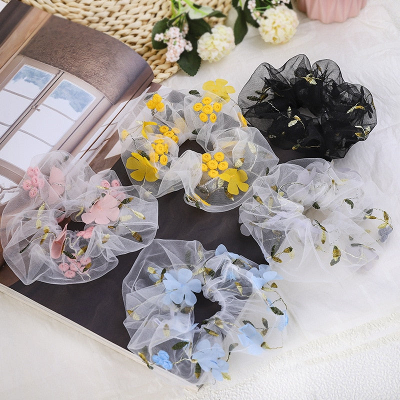 Mesh Embroidery Small Flowers Hair Ring Scrunchie Women Sweet Rubber Band Flowers Hair Bands Hair Accessories Ponytail Holder