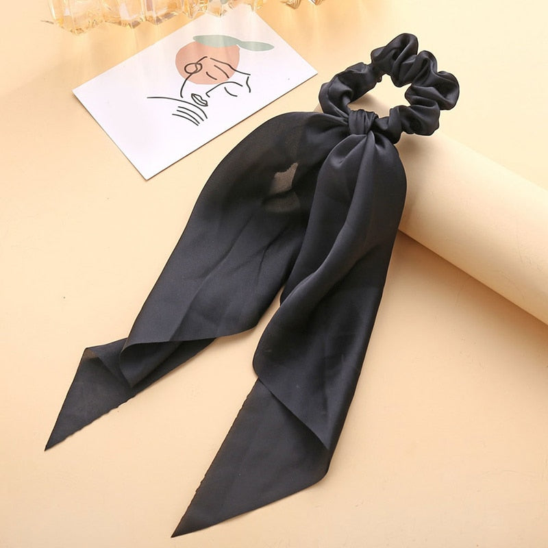 1Pc Solid Color Bow Satin Ribbon Ponytail Scarf Hair Tie Scrunchies Women Girls Elastic Hair Bands Rubber Bands Hair Accessories