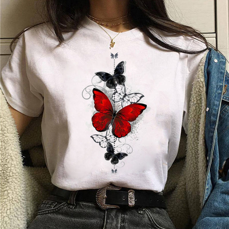 Harajuku Women T Shirt Red and Black Butterfly Print Tshirt Heart T Shirt Female Short Sleeve Tops Tee Fashion Women T-shirts