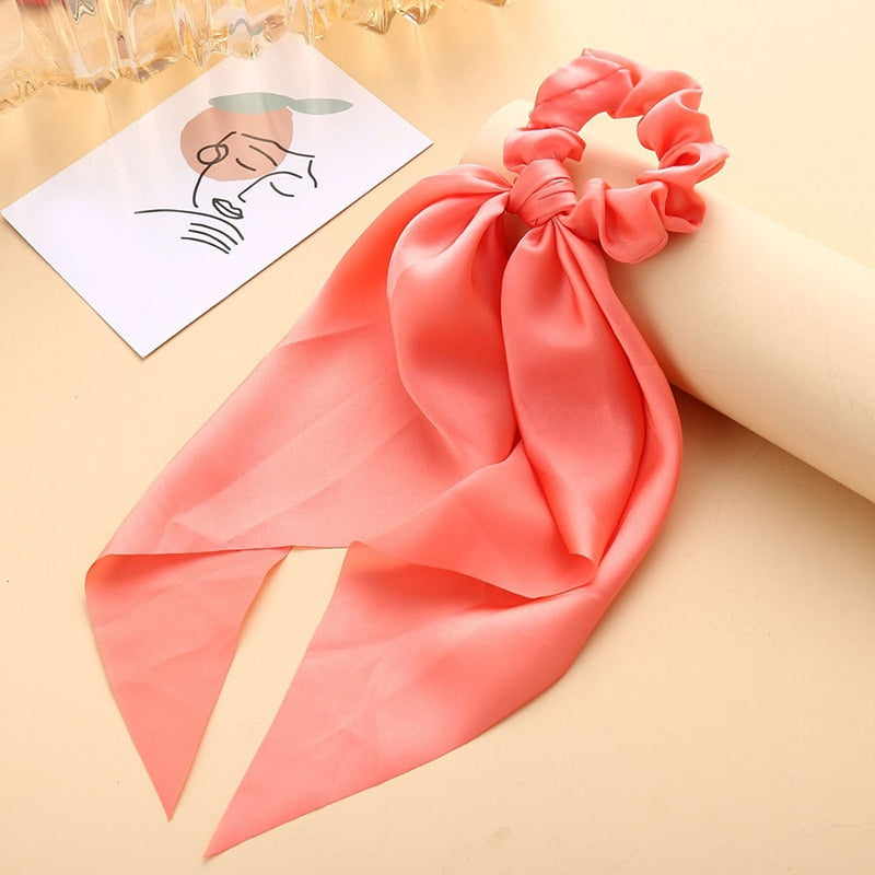 1Pc Solid Color Bow Satin Ribbon Ponytail Scarf Hair Tie Scrunchies Women Girls Elastic Hair Bands Rubber Bands Hair Accessories