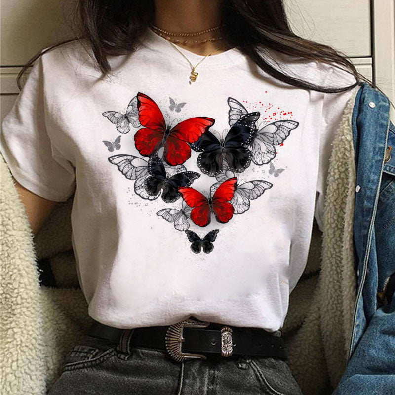 Harajuku Women T Shirt Red and Black Butterfly Print Tshirt Heart T Shirt Female Short Sleeve Tops Tee Fashion Women T-shirts