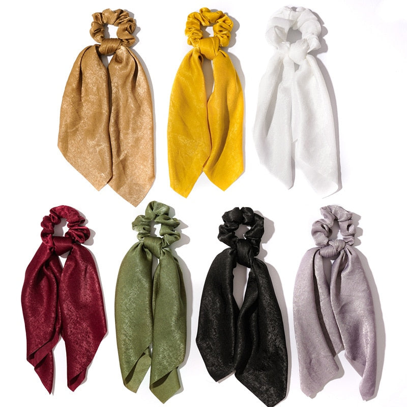 1Pc Solid Color Bow Satin Ribbon Ponytail Scarf Hair Tie Scrunchies Women Girls Elastic Hair Bands Rubber Bands Hair Accessories