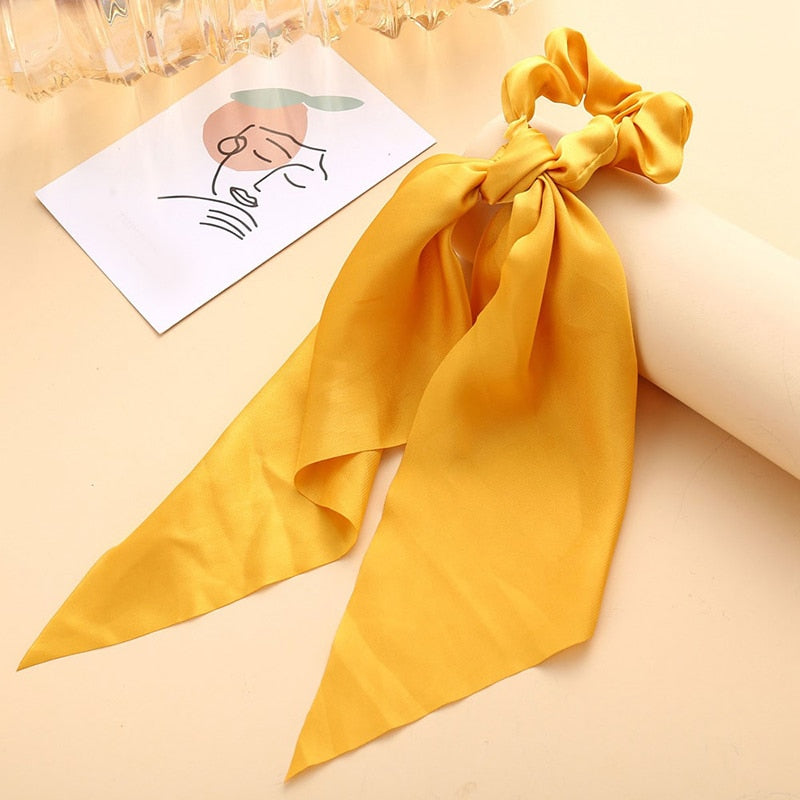 1Pc Solid Color Bow Satin Ribbon Ponytail Scarf Hair Tie Scrunchies Women Girls Elastic Hair Bands Rubber Bands Hair Accessories