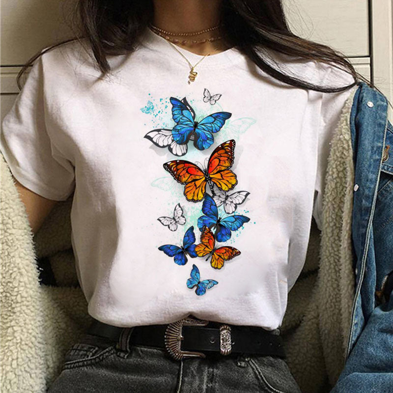 Harajuku Women T Shirt Red and Black Butterfly Print Tshirt Heart T Shirt Female Short Sleeve Tops Tee Fashion Women T-shirts