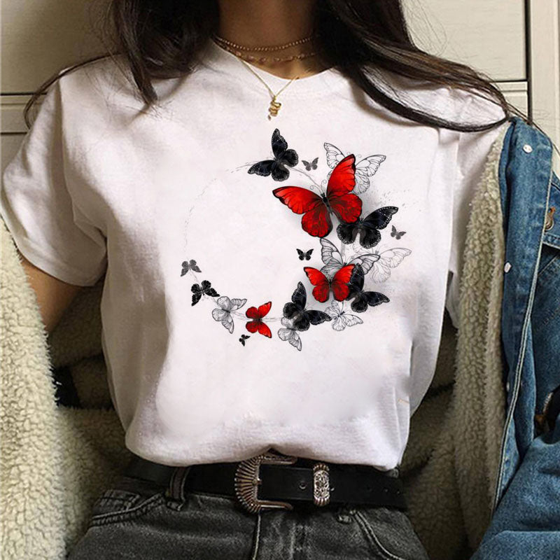 Harajuku Women T Shirt Red and Black Butterfly Print Tshirt Heart T Shirt Female Short Sleeve Tops Tee Fashion Women T-shirts