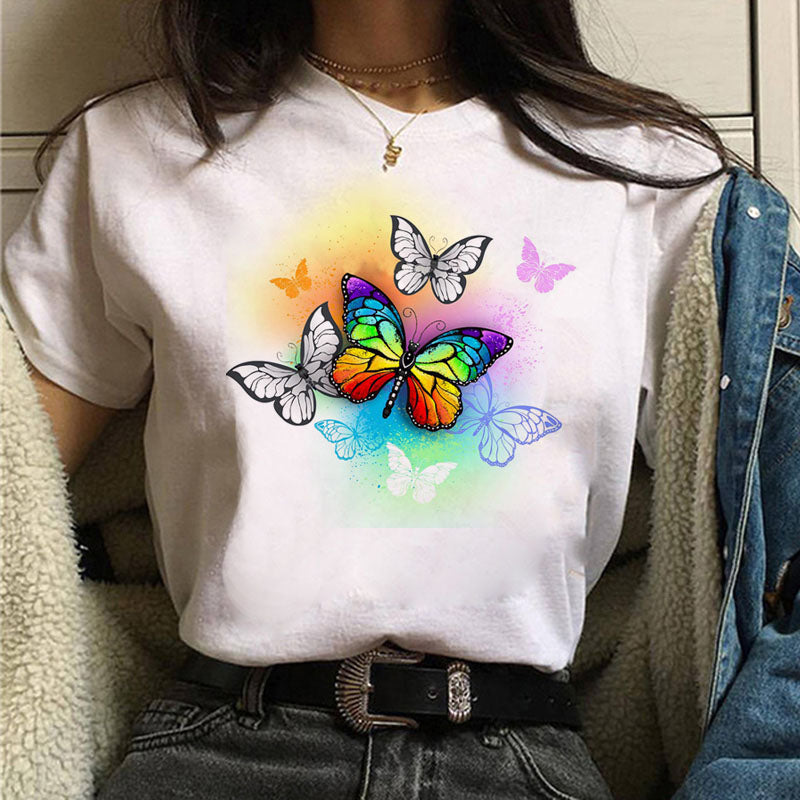 Harajuku Women T Shirt Red and Black Butterfly Print Tshirt Heart T Shirt Female Short Sleeve Tops Tee Fashion Women T-shirts