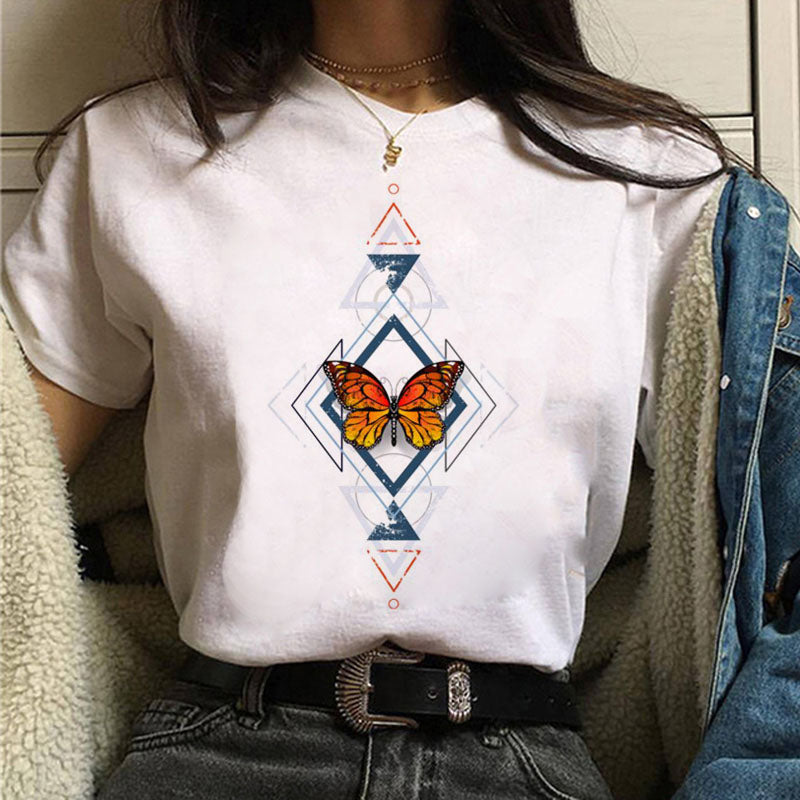 Harajuku Women T Shirt Red and Black Butterfly Print Tshirt Heart T Shirt Female Short Sleeve Tops Tee Fashion Women T-shirts