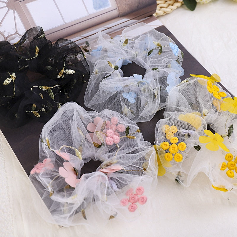 Mesh Embroidery Small Flowers Hair Ring Scrunchie Women Sweet Rubber Band Flowers Hair Bands Hair Accessories Ponytail Holder