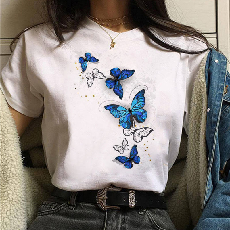 Harajuku Women T Shirt Red and Black Butterfly Print Tshirt Heart T Shirt Female Short Sleeve Tops Tee Fashion Women T-shirts