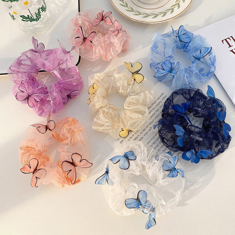 1PC Transparent Butterfly Tulle Elastic Hair Bands Women Sweet Mesh Chiffon Scrunchie Hair Tie Rope Hair Accessories Rubber Band