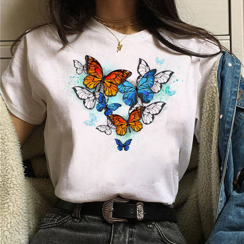 Harajuku Women T Shirt Red and Black Butterfly Print Tshirt Heart T Shirt Female Short Sleeve Tops Tee Fashion Women T-shirts