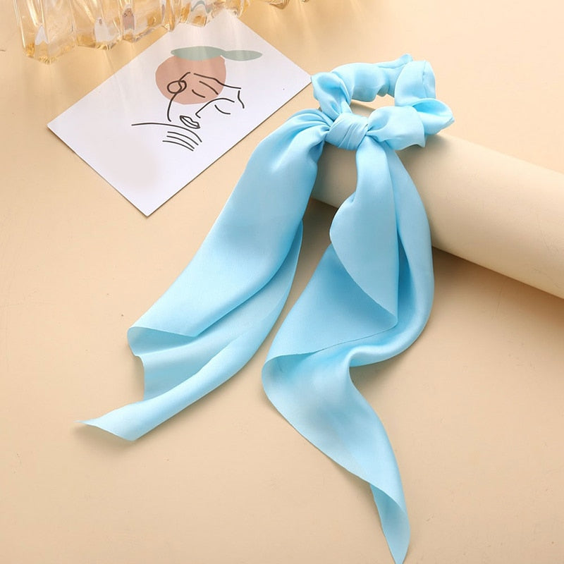 1Pc Solid Color Bow Satin Ribbon Ponytail Scarf Hair Tie Scrunchies Women Girls Elastic Hair Bands Rubber Bands Hair Accessories