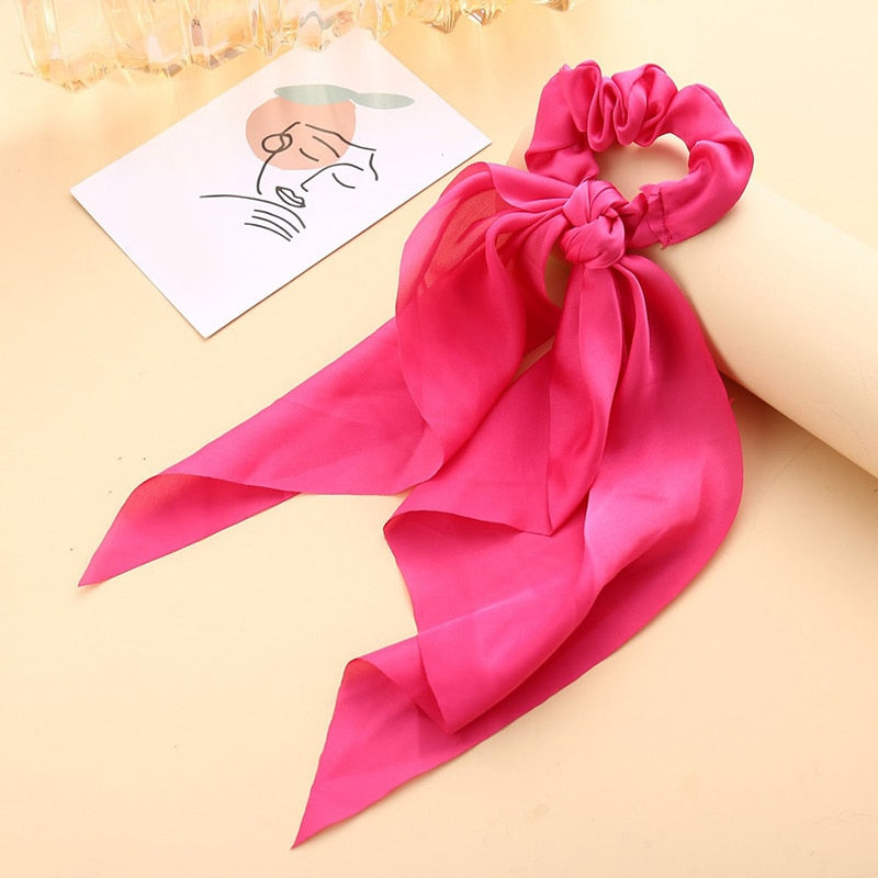 1Pc Solid Color Bow Satin Ribbon Ponytail Scarf Hair Tie Scrunchies Women Girls Elastic Hair Bands Rubber Bands Hair Accessories