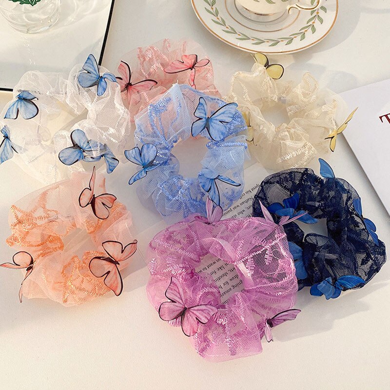 1PC Transparent Butterfly Tulle Elastic Hair Bands Women Sweet Mesh Chiffon Scrunchie Hair Tie Rope Hair Accessories Rubber Band