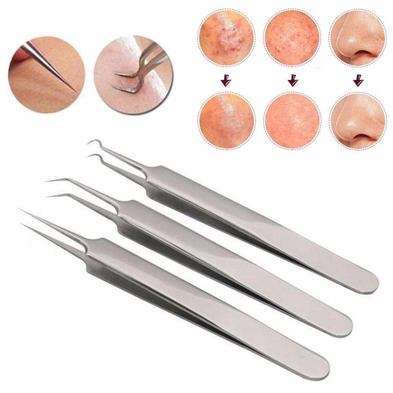 Useful Stainless steel Straight Bend Curved Blackhead Acne Clip Tweezer Pimple Comedone Remover Kit Face Cleaner