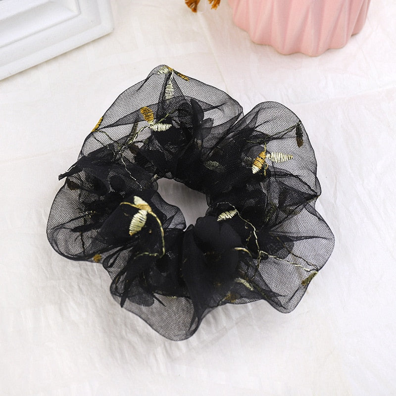 Mesh Embroidery Small Flowers Hair Ring Scrunchie Women Sweet Rubber Band Flowers Hair Bands Hair Accessories Ponytail Holder