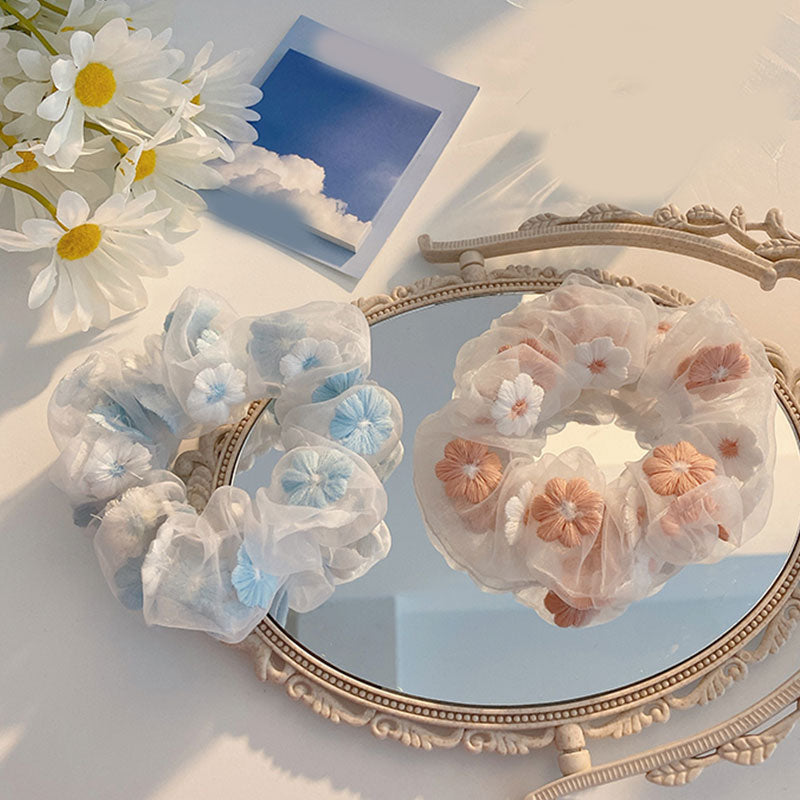 Sweet Embroidery Flowers Mesh Scrunchies Women Romantic Pink Blue Hair Rope Transparent Tulle Organza Hair Ties Hair Accessories