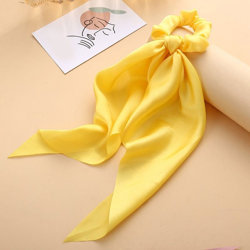 1Pc Solid Color Bow Satin Ribbon Ponytail Scarf Hair Tie Scrunchies Women Girls Elastic Hair Bands Rubber Bands Hair Accessories