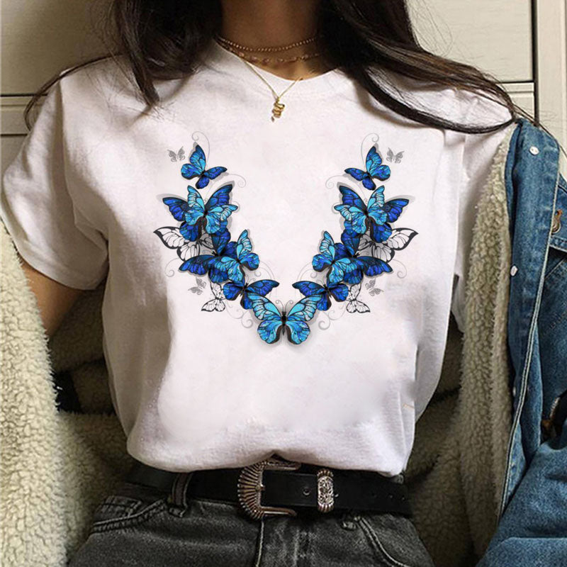 Harajuku Women T Shirt Red and Black Butterfly Print Tshirt Heart T Shirt Female Short Sleeve Tops Tee Fashion Women T-shirts