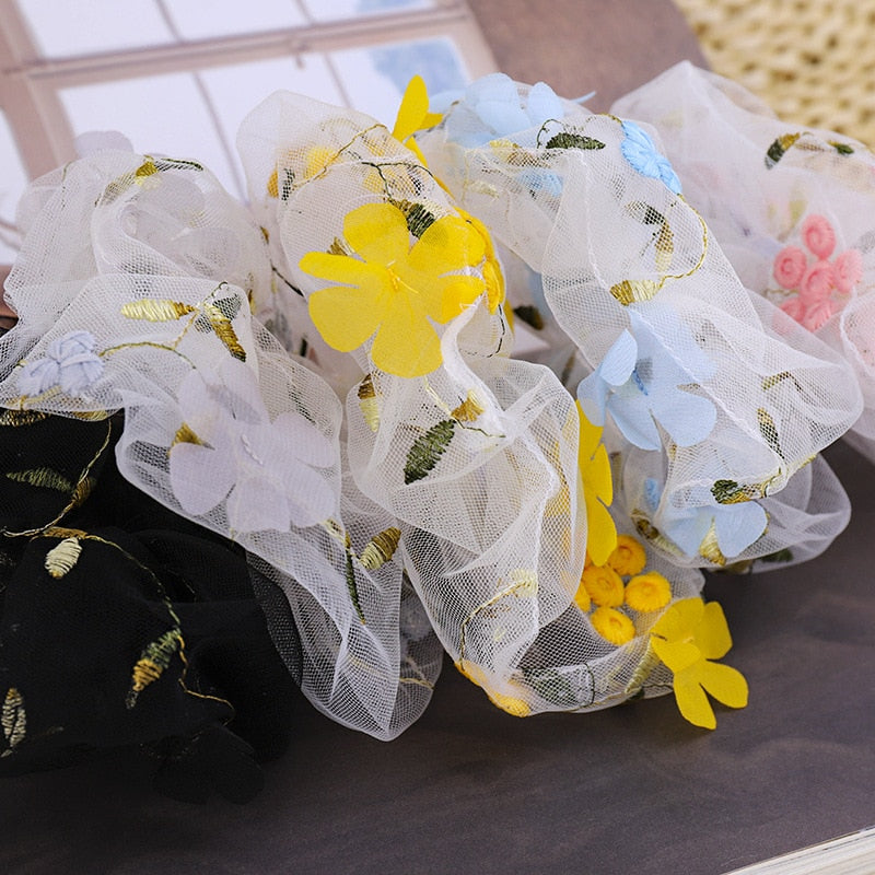 Mesh Embroidery Small Flowers Hair Ring Scrunchie Women Sweet Rubber Band Flowers Hair Bands Hair Accessories Ponytail Holder