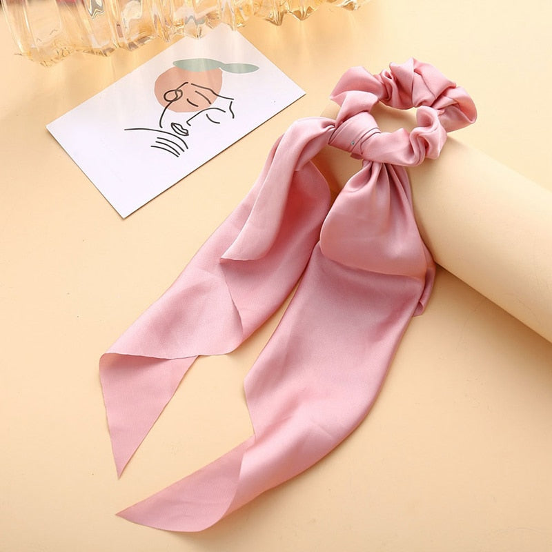 1Pc Solid Color Bow Satin Ribbon Ponytail Scarf Hair Tie Scrunchies Women Girls Elastic Hair Bands Rubber Bands Hair Accessories