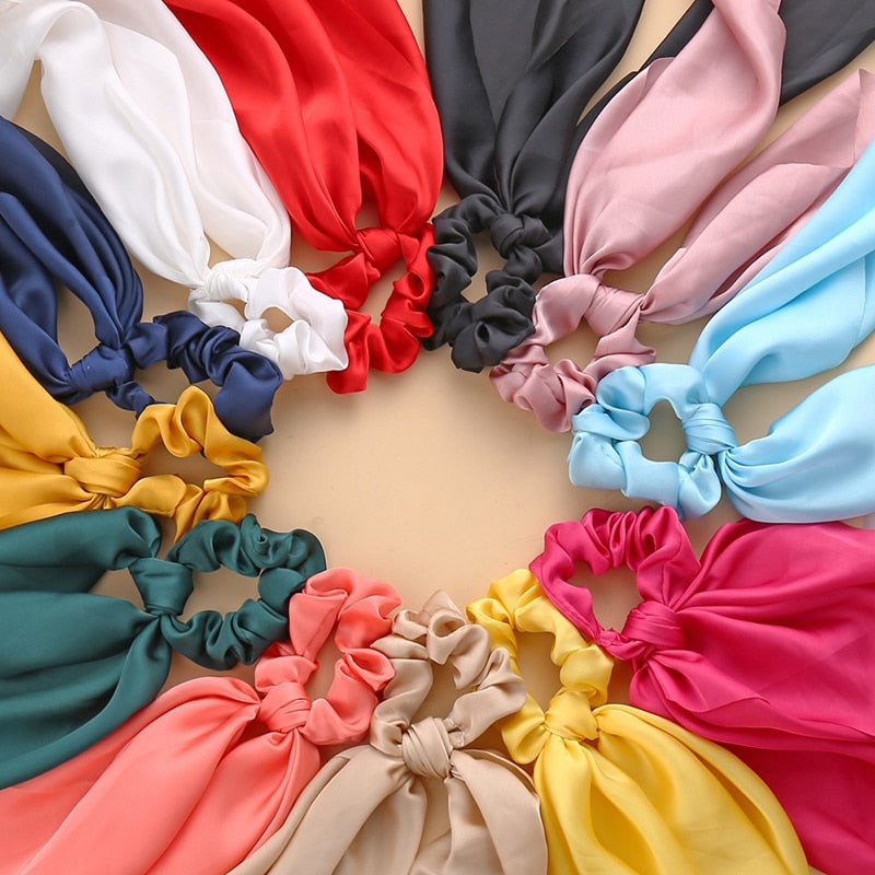 1Pc Solid Color Bow Satin Ribbon Ponytail Scarf Hair Tie Scrunchies Women Girls Elastic Hair Bands Rubber Bands Hair Accessories